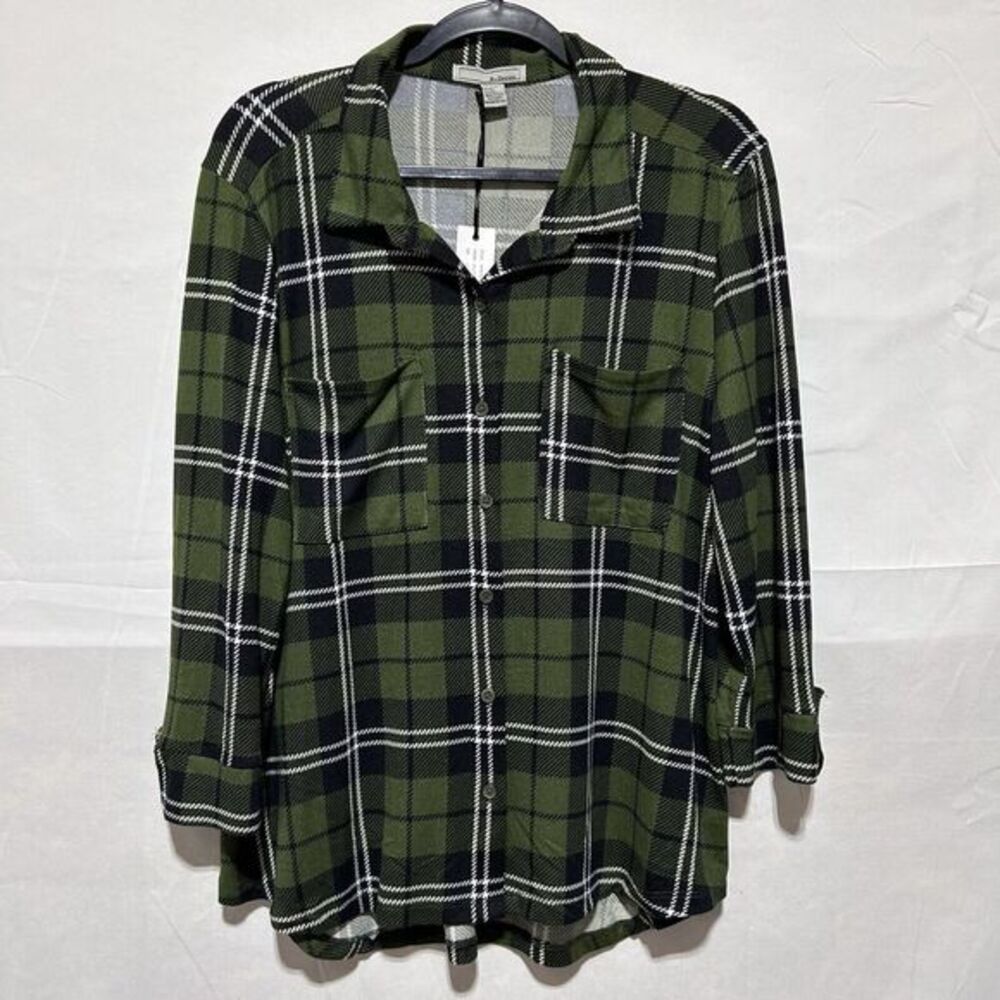 By Design Women's Button‎ Up Shirt Plaid Preppy Long Sleeve Pockets Green XL NWT